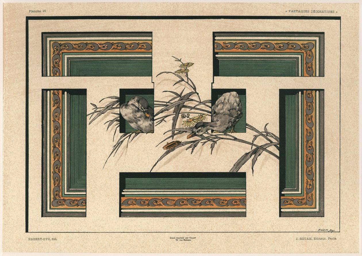 Patos, placa 46 de &39;Fantaisies decoratives&39;, gravada por Gillot, publicada por Jules Rouam, da Librairie de l&39;Art, Paris, 1887 (gravura a cor) de Jules Auguste Habert Dys