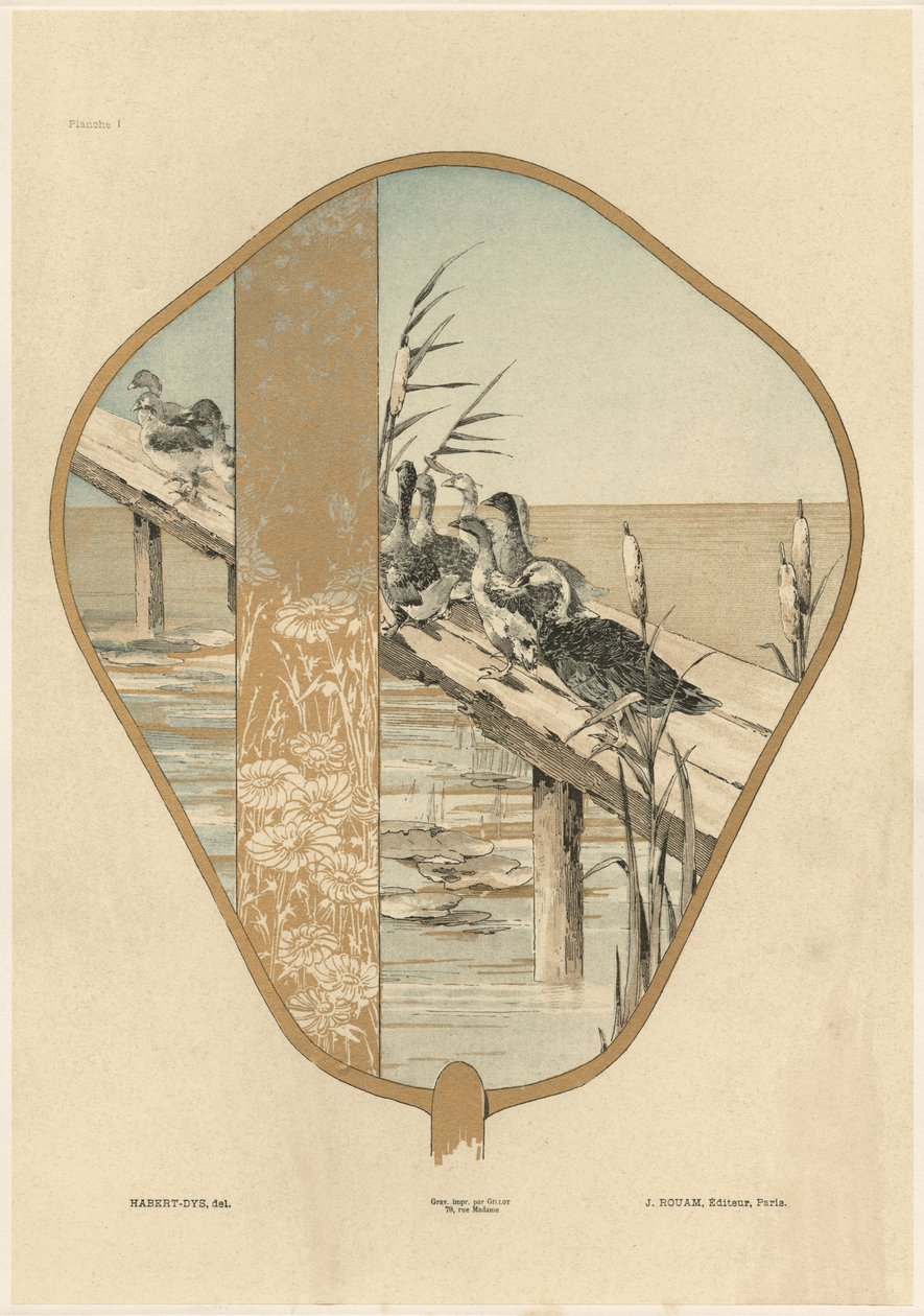 Ventilador, prato 1 de &39;Fantasias Decorativas&39;, gravado por Gillot, publicado por Jules Rouam, Livraria de Arte, Paris, 1887 (gravura colorida) de Jules Auguste Habert Dys