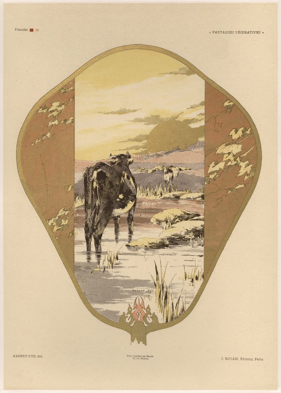 Ventilador, Prato 20 de &39;Fantasias Decorativas&39;, gravado por Gillot, publicado por Jules Rouam, Librairie de l&39;Art, Paris, 1887 (gravura colorida) de Jules Auguste Habert Dys