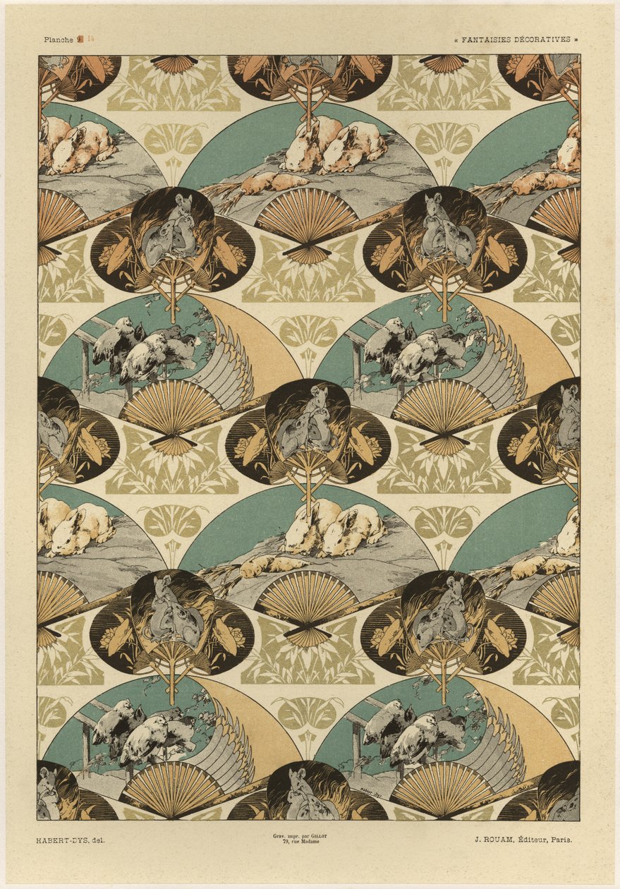 Fãs, gravura 14 de "Fantasias decorativas", gravada por Gillot, publicada por Jules Rouam, libriana de l&39;Art, Paris, 1887 (gravura a cores) de Jules Auguste Habert Dys