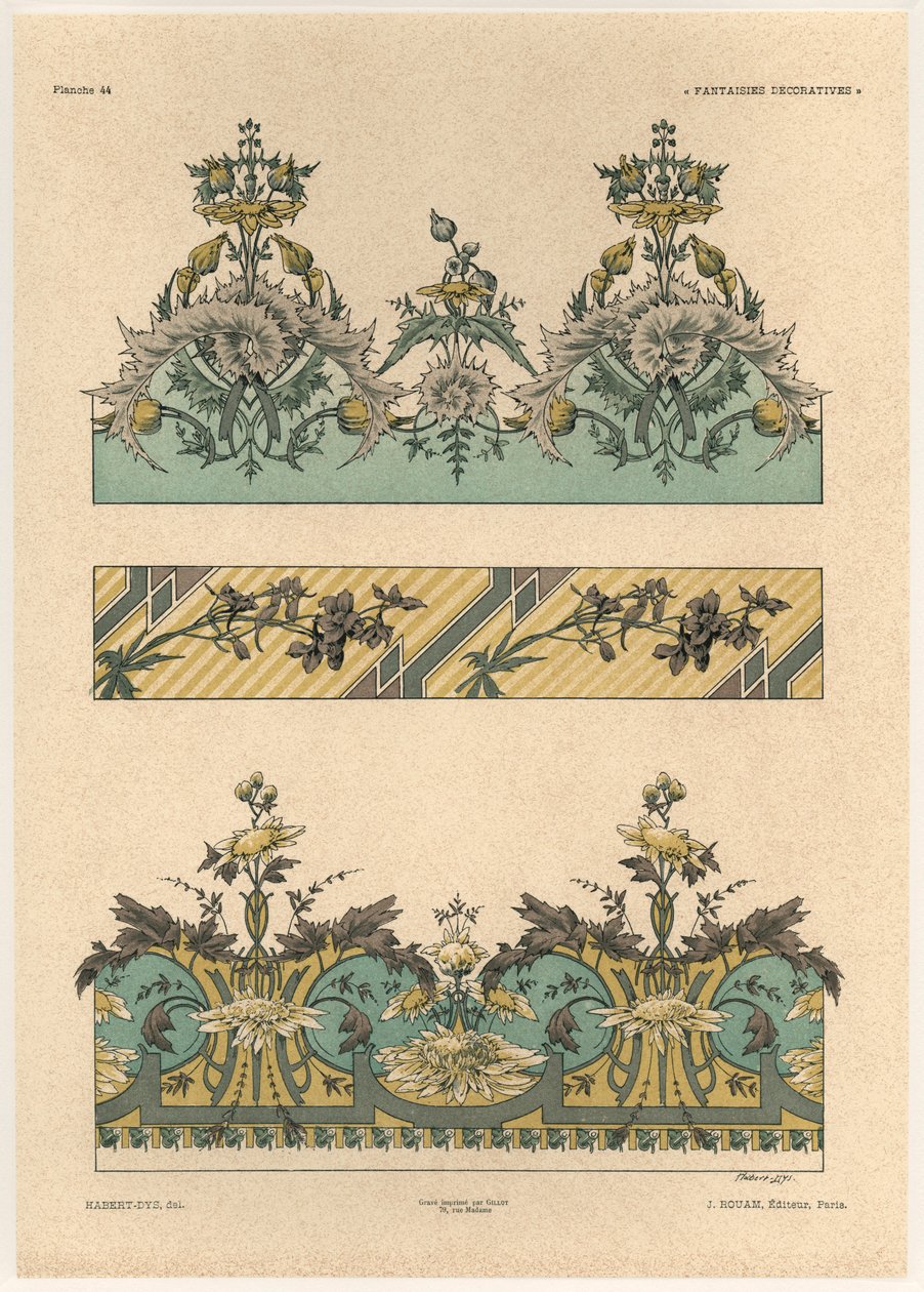 Padrões florais, placa 44 de &39;Fantasias decorativas&39;, gravada por Gillot, publicada por Jules Rouam, Librairie de l&39;Art, Paris, 1887 (gravura a cor) de Jules Auguste Habert Dys