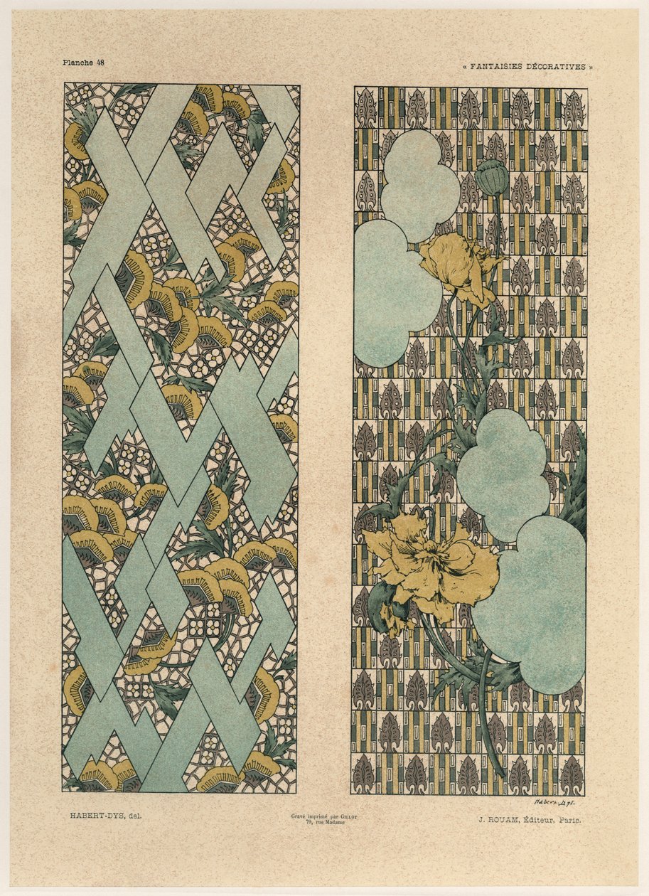 Padrões florais, placa 48 de &39;Fantasias decorativas&39;, gravada por Gillot, publicada por Jules Rouam, Librairie de l&39;Art, Paris, 1887 (gravura a cor) de Jules Auguste Habert Dys