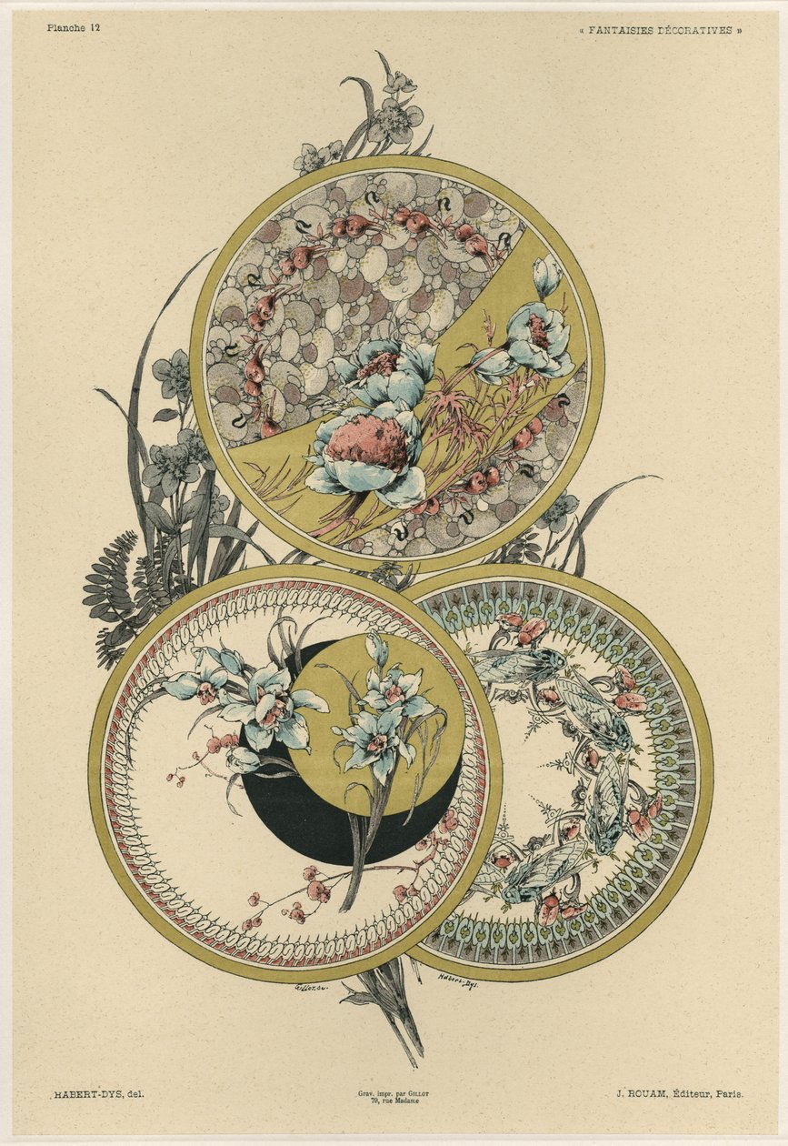 Flores e moscas, placa 12 de &39;Fantaisies decoratives&39;, gravada por Gillot, publicada por Jules Rouam, da Librairie de l&39;Art, Paris, 1887 (gravura a cor) de Jules Auguste Habert Dys
