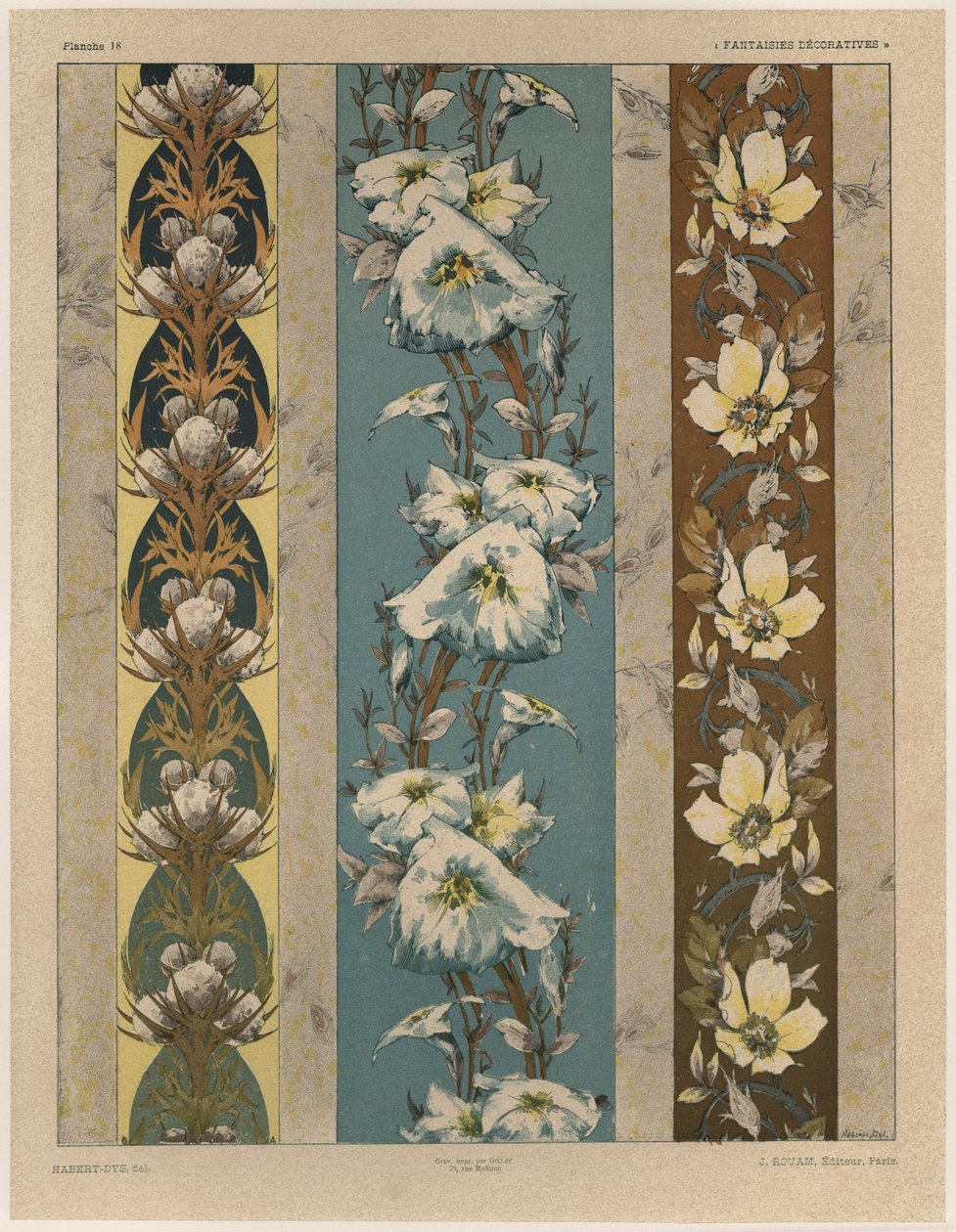 Flores, prato 18, ilustração de &39;Fantaisies decoratives&39;, gravada por Gillot, publicado por Jules Rouam, Librairie de l&39;Art, Paris, 1887 (gravura a cores) de Jules Auguste Habert Dys