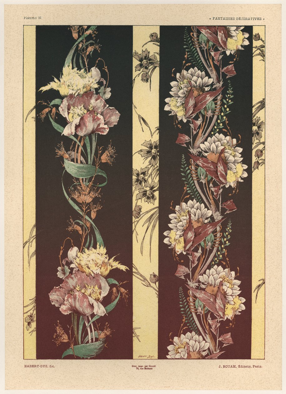 Flores, prato 21 de &39;Fantasias Decorativas&39;, gravado por Gillot, publicado por Jules Rouam, Livraria de Arte, Paris, 1887 (gravura a cor) de Jules Auguste Habert Dys