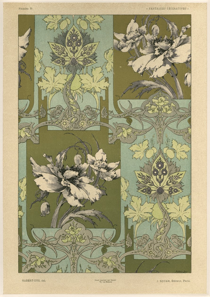 Flores, prato 25 de &39;Fantasias Decorativas&39;, gravado por Gillot, publicado por Jules Rouam, Livraria de Arte, Paris, 1887 (gravura a cores) de Jules Auguste Habert Dys