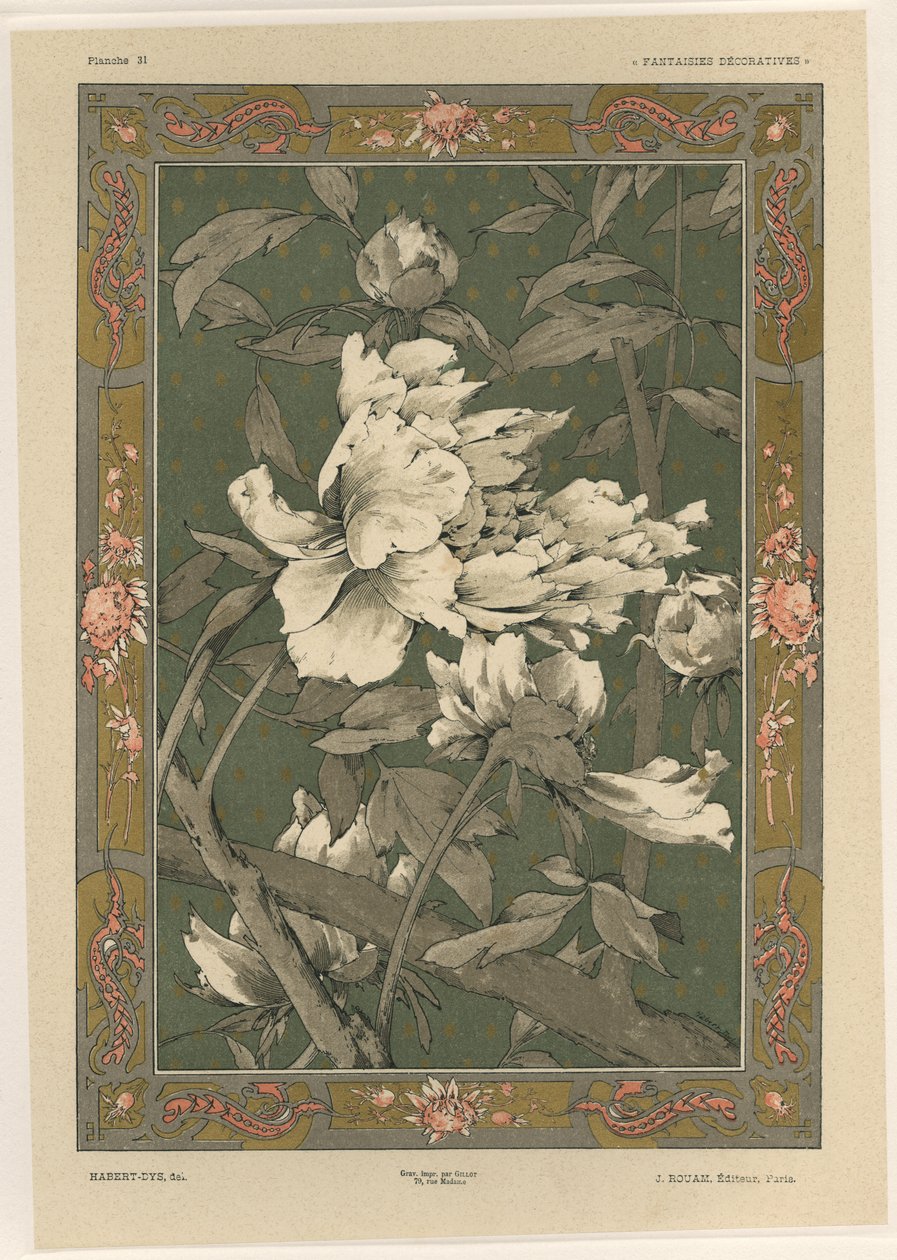 Flores, prato 31 de &39;Fantasias Decorativas&39;, gravado por Gillot, publicado por Jules Rouam, Livraria de Arte, Paris, 1887 (gravura a cor) de Jules Auguste Habert Dys