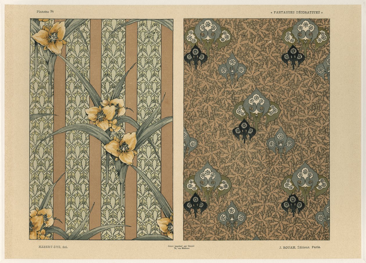 Flores, prato 34 de &39;Fantasias Decorativas&39;, gravado por Gillot, publicado por Jules Rouam, Livraria de Arte, Paris, 1887 (gravura a cor) de Jules Auguste Habert Dys