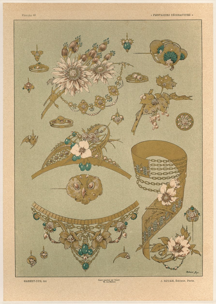 Jóias, placa 39 de &39;Fantasias Decorativas&39;, gravada por Gillot, publicada por Jules Rouam, Librairie de l&39;Art, Paris, 1887 (gravura a cor) de Jules Auguste Habert Dys