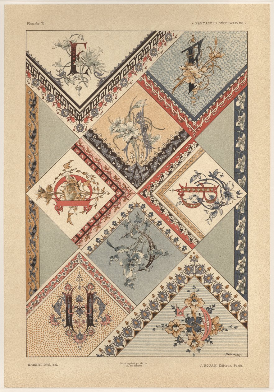 Cartas, Placa 26 de &39;Fantasias Decorativas&39;, gravada por Gillot, publicada por Jules Rouam, Librairie de l&39;Art, Paris, 1887 (gravura a cor) de Jules Auguste Habert Dys
