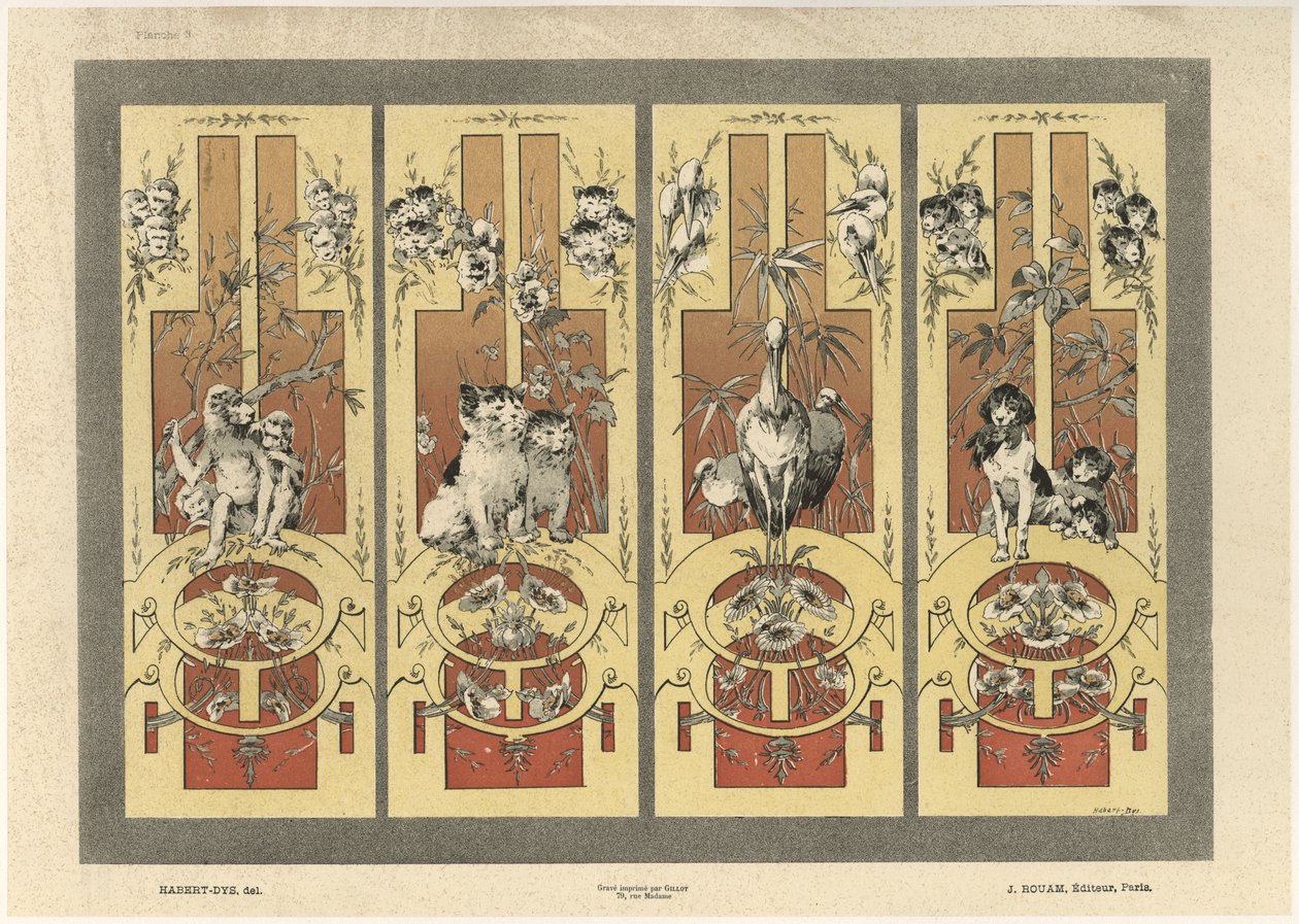 Macacos, gatos, garças e cachorros, prato 3 de &39;Fantaisies decoratives&39;, gravada por Gillot, publicada por Jules Rouam, em "Librairie de l&39;Art", em Paris, em 1887 (gravura a cor) de Jules Auguste Habert Dys