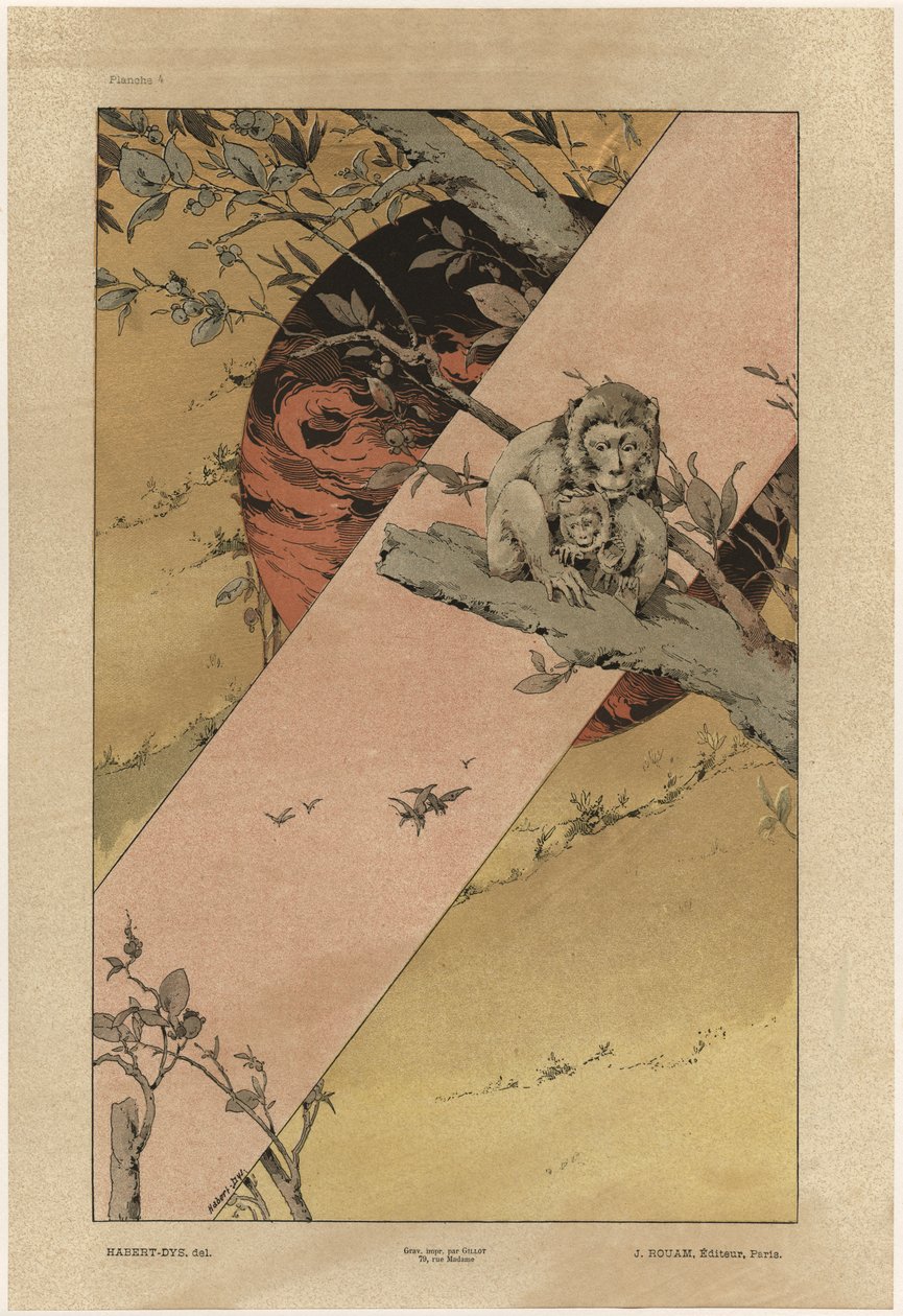 Macacos, placa 4 de &39;Fantasias Decorativas&39;, gravada por Gillot, publicada por Jules Rouam, Livraria de Arte, Paris, 1887 (gravura colorida) de Jules Auguste Habert Dys