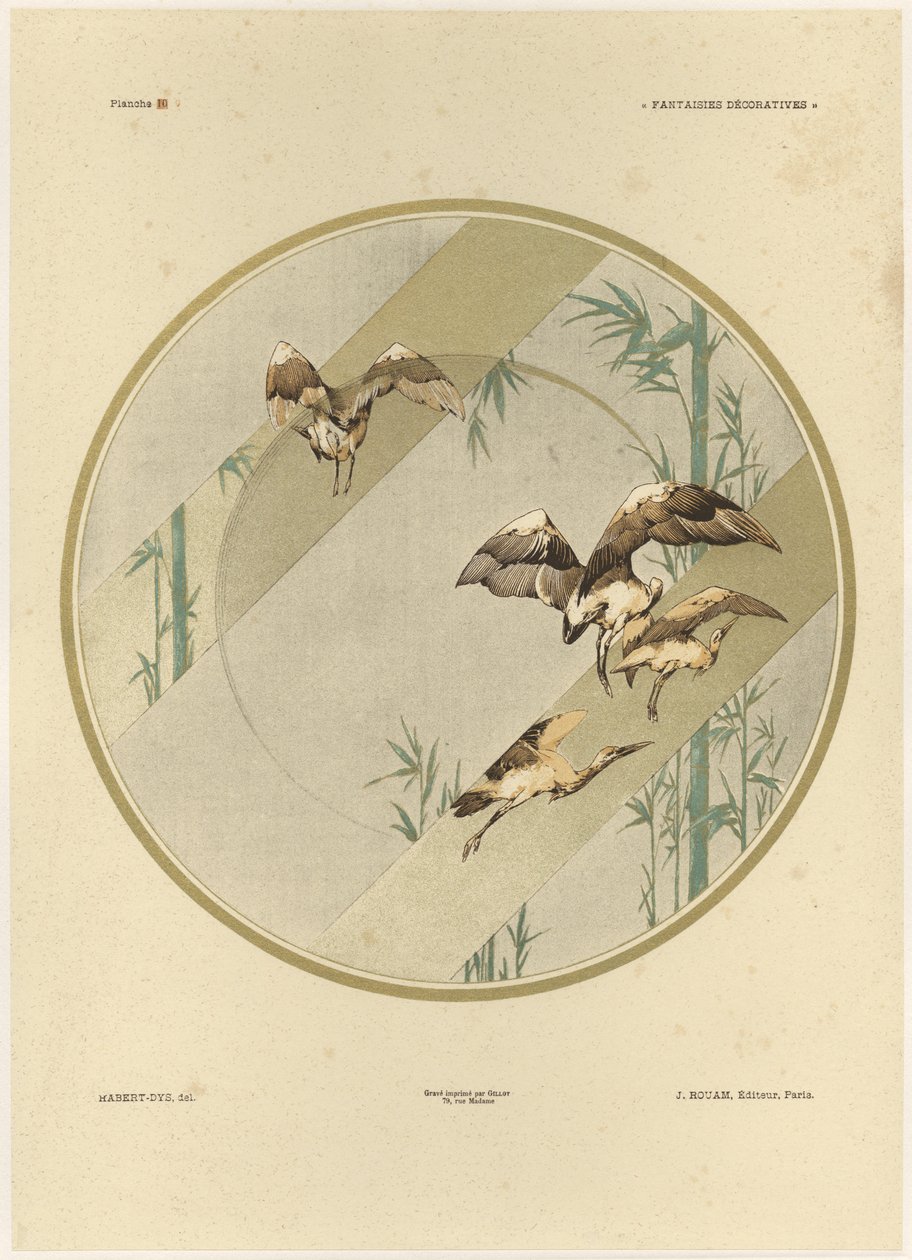 Cegonhas, placa 10 de &39;Fantaisies decoratives&39;, gravada por Gillot, publicada por Jules Rouam, da Librairie de l&39;Art, Paris, 1887 (cor gravura) de Jules Auguste Habert Dys