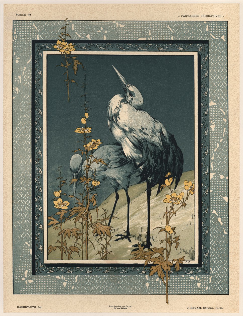 Cegonhas, placa 40 de &39;Fantaisies decoratives&39;, gravada por Gillot, publicada por Jules Rouam, da Librairie de l&39;Art, Paris, 1887 (gravura a cor) de Jules Auguste Habert Dys