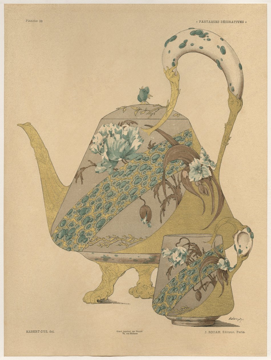 Bule e chávena, prato 33 de &39;Fantaisies decoratives&39;, gravada por Gillot, publicada por Jules Rouam, da Librairie de l&39;Art, Paris, 1887 (gravura a cor) de Jules Auguste Habert Dys
