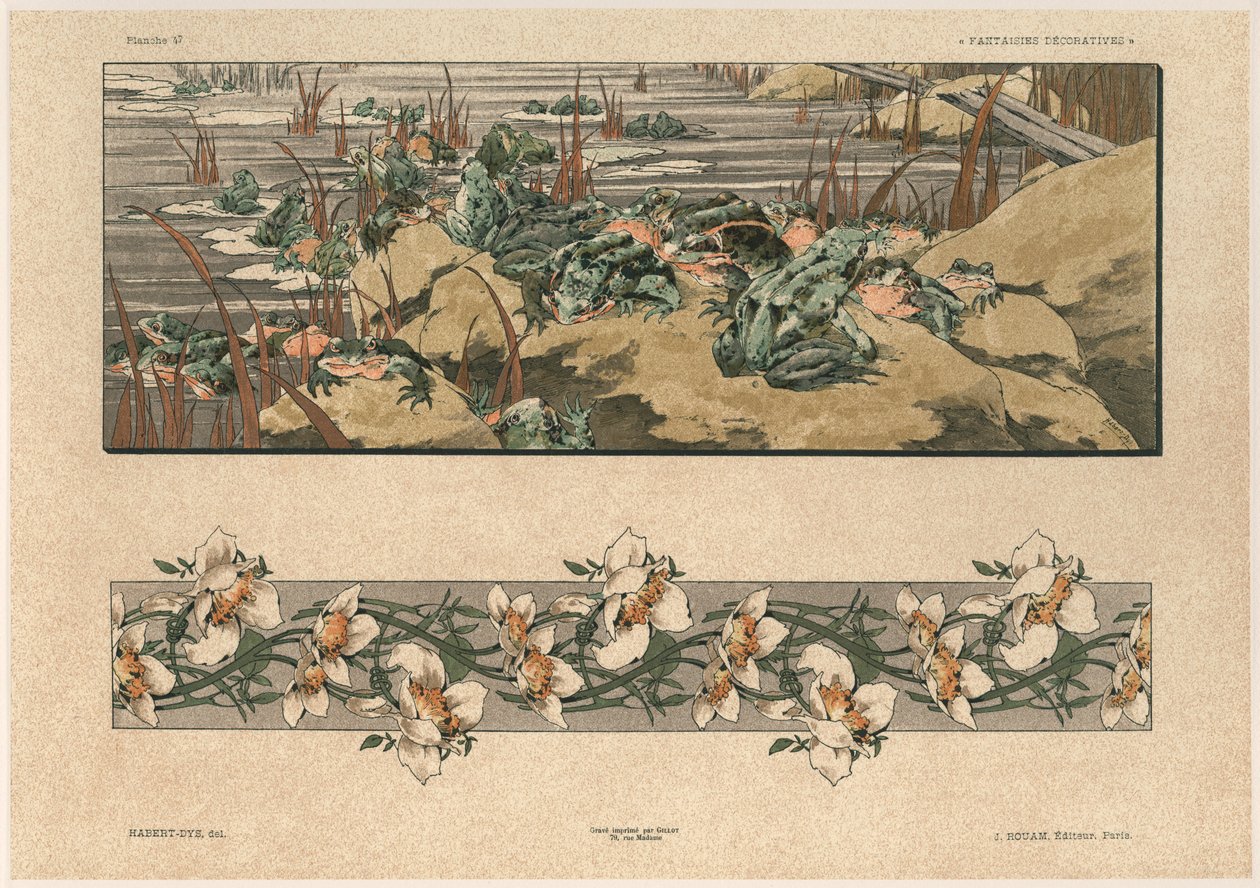 Sapos e flores, placa 47 de &39;Fantaisies decoratives&39;, gravada por Gillot, publicada por Jules Rouam, Librairie de l&39;Art, Paris, 1887 (gravura a cor) de Jules Auguste Habert Dys