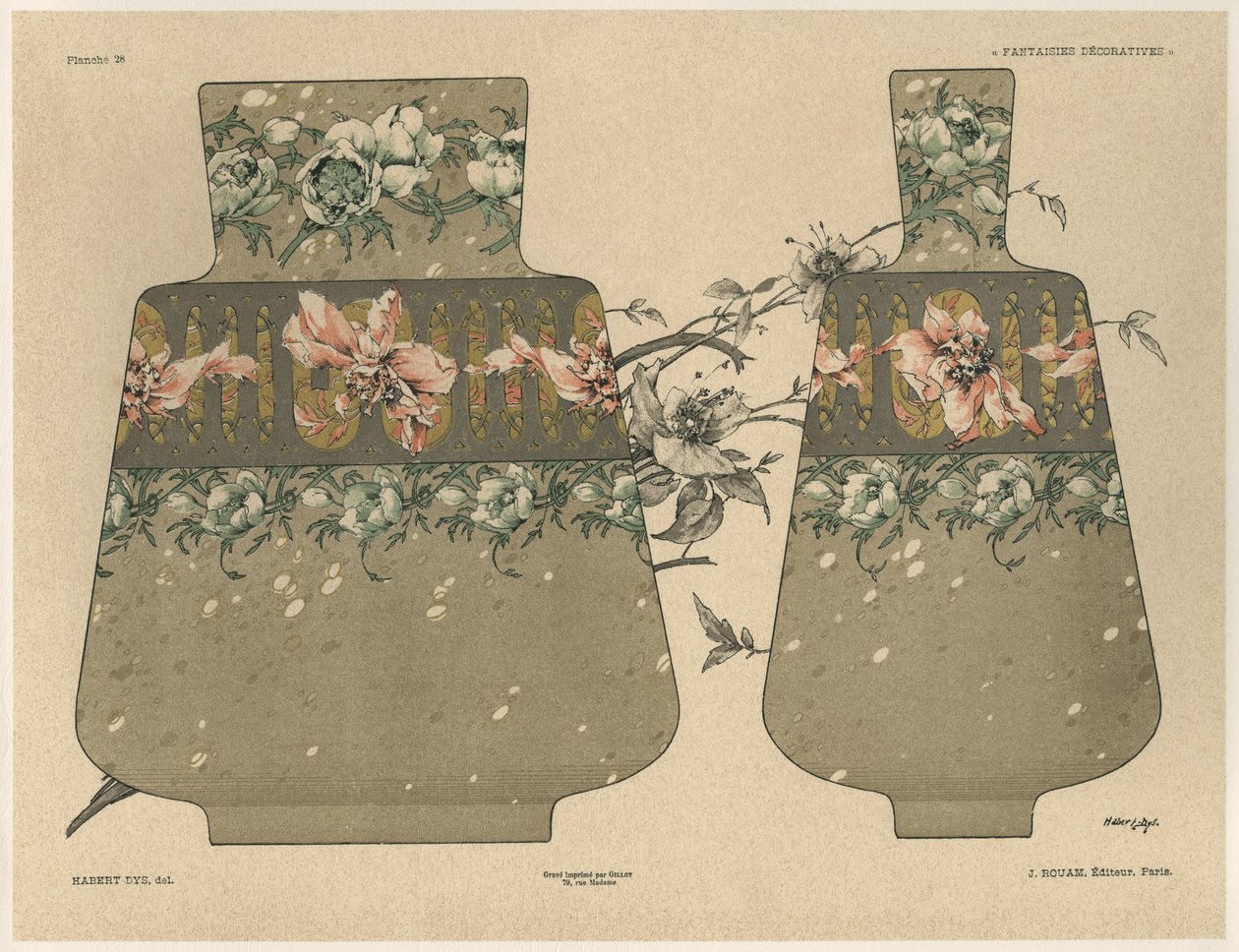 Vasos, placa 28 de &39;Fantasias Decorativas&39;, gravada por Gillot, publicada por Jules Rouam, Livraria de Arte, Paris, 1887 (gravura a cor) de Jules Auguste Habert Dys