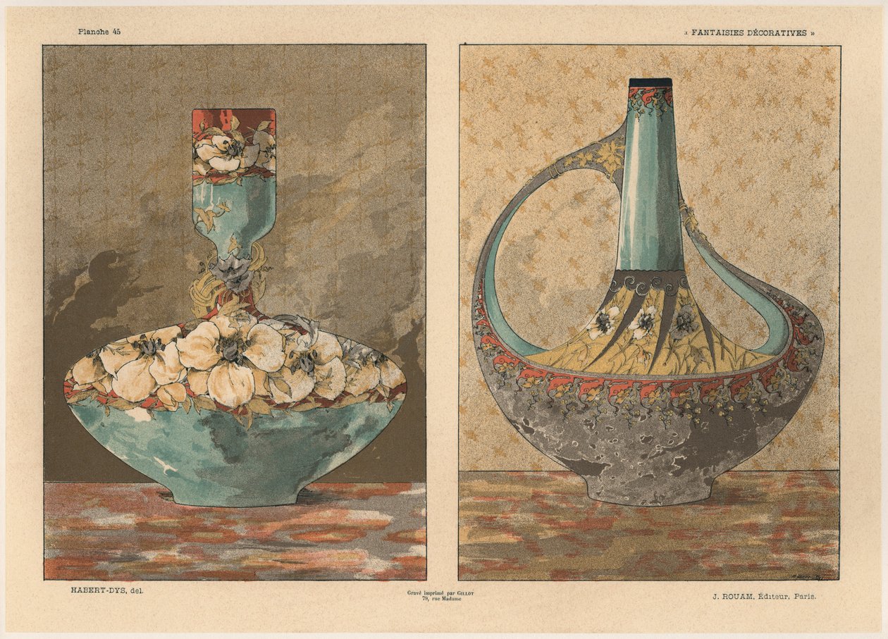 Vasos, placa 45 de &39;Fantasias Decorativas&39;, gravada por Gillot, publicada por Jules Rouam, Livraria de Arte, Paris, 1887 (gravura a cores) de Jules Auguste Habert Dys
