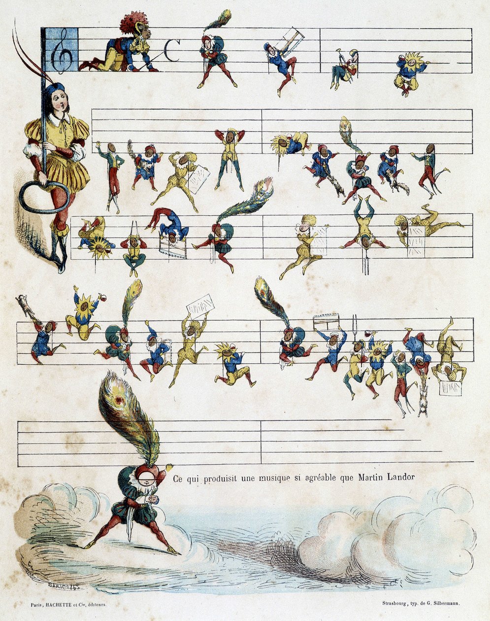 Notas de música em partitura, desenhada por Baric datada de 1862 para ilustrar o livro infantil de Kroknotski narrando a história de Martin Landor. de Jules Baric
