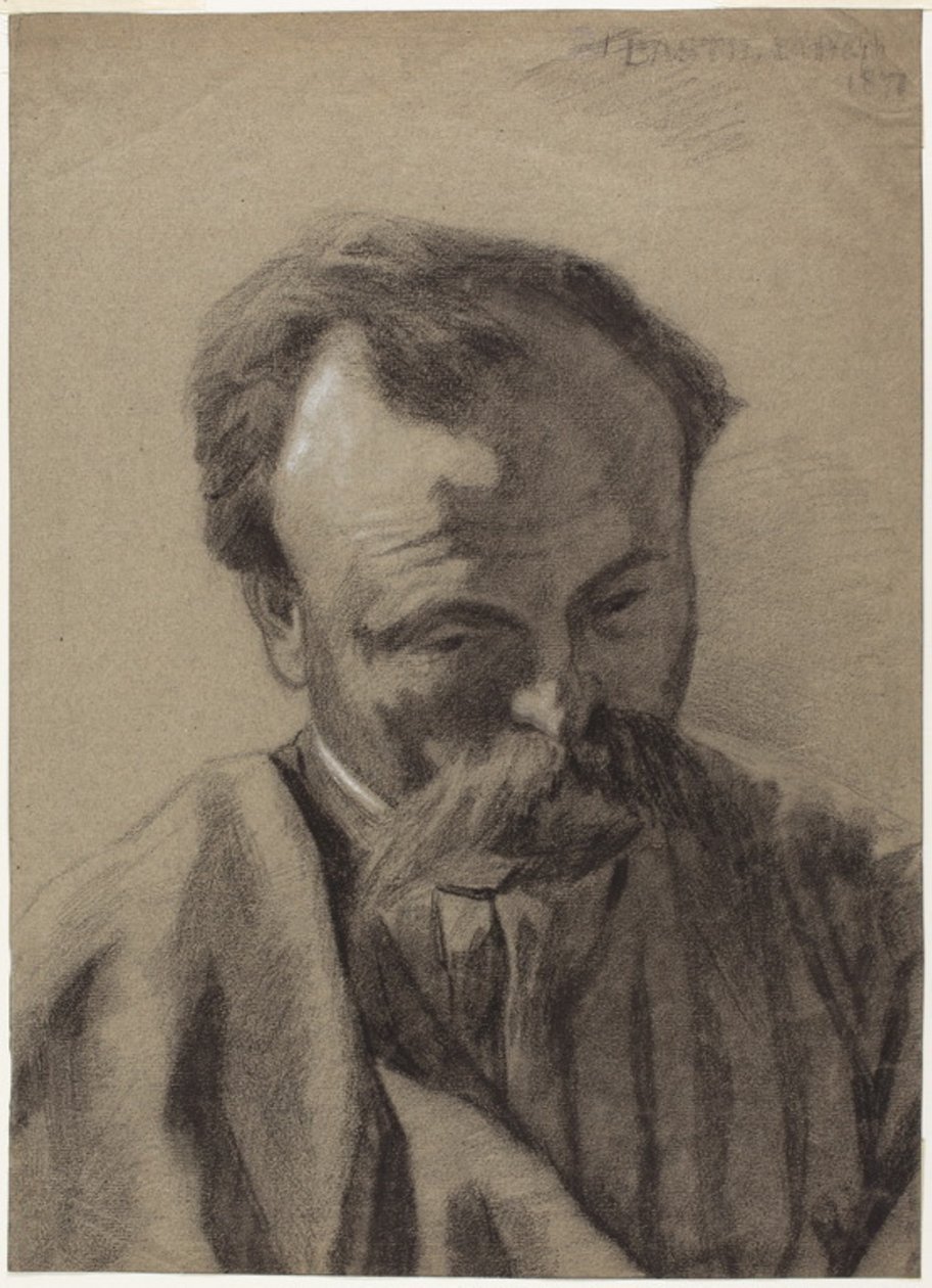 Autorretrato, c.1877 (giz preto realçado com giz branco, sobre papel cinzento) de Jules Bastien Lepage