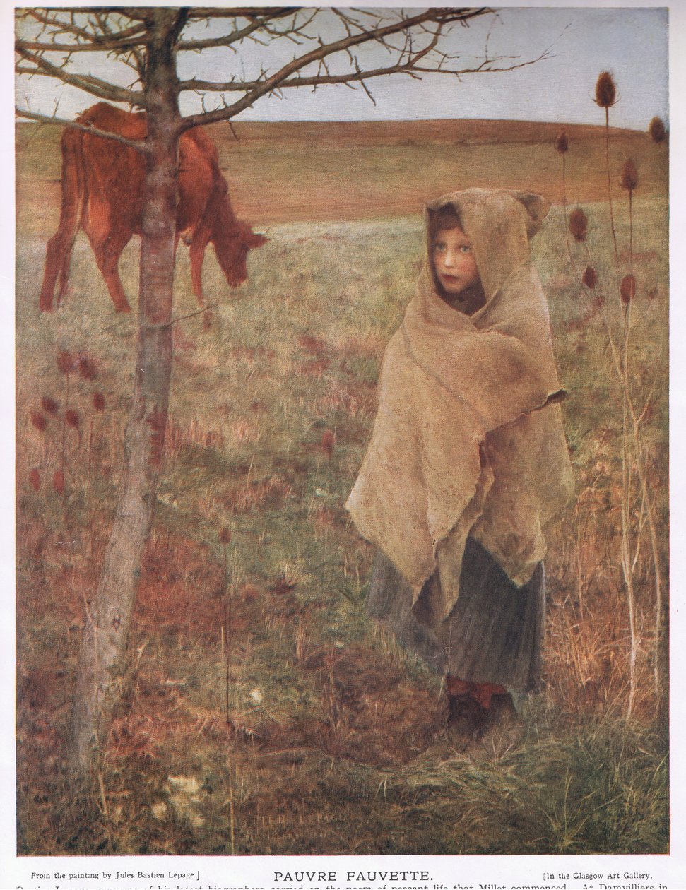 França, pequena; menina; Fauvette; vaca; rural; pobre; roupas de Jules Bastien Lepage