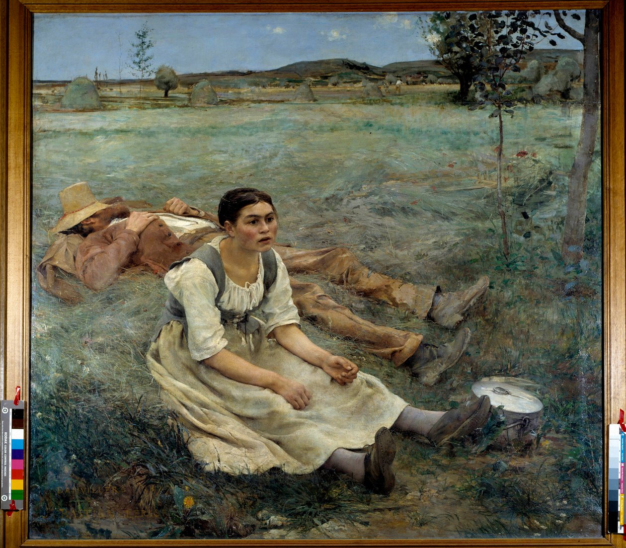 Feno Uma mulher sentada na relva ao lado de um homem que dorme durante a época da colheita. Pintura por Jules Bastien Lepage (1848-1884) 1877 Sol. 1,80 x 1,95 m de Jules Bastien Lepage