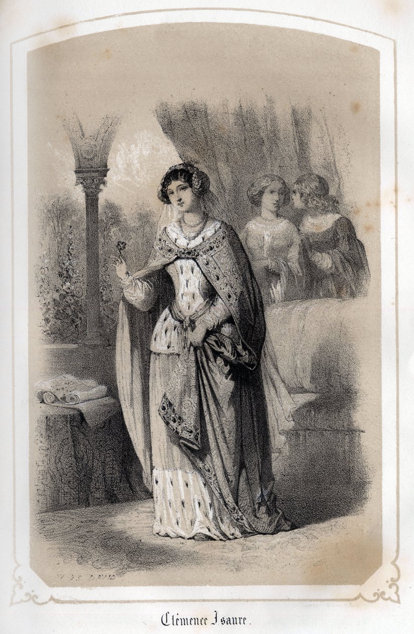 Retrato de Clemence Isaure, senhora de Toulouse que teria vivido no século XIV. em “Les femmes illustres de la France”” da Condessa DROHOJOWSKA. Ilustrado com desenhos de MM JULES E BAYALOS. por volta de 1850. de Jules and Bayalos Aime de David