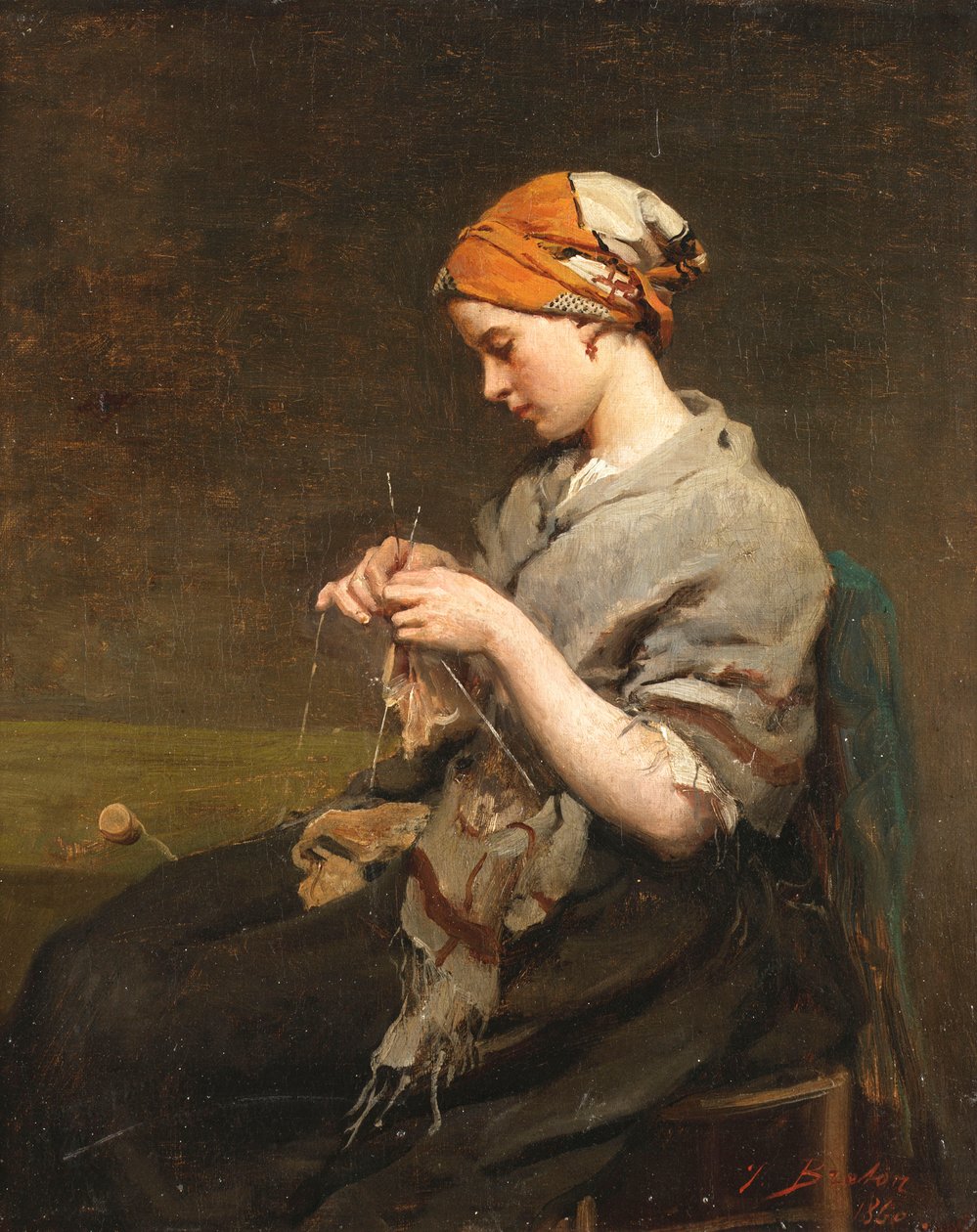 Moça tricotando de Jules Breton