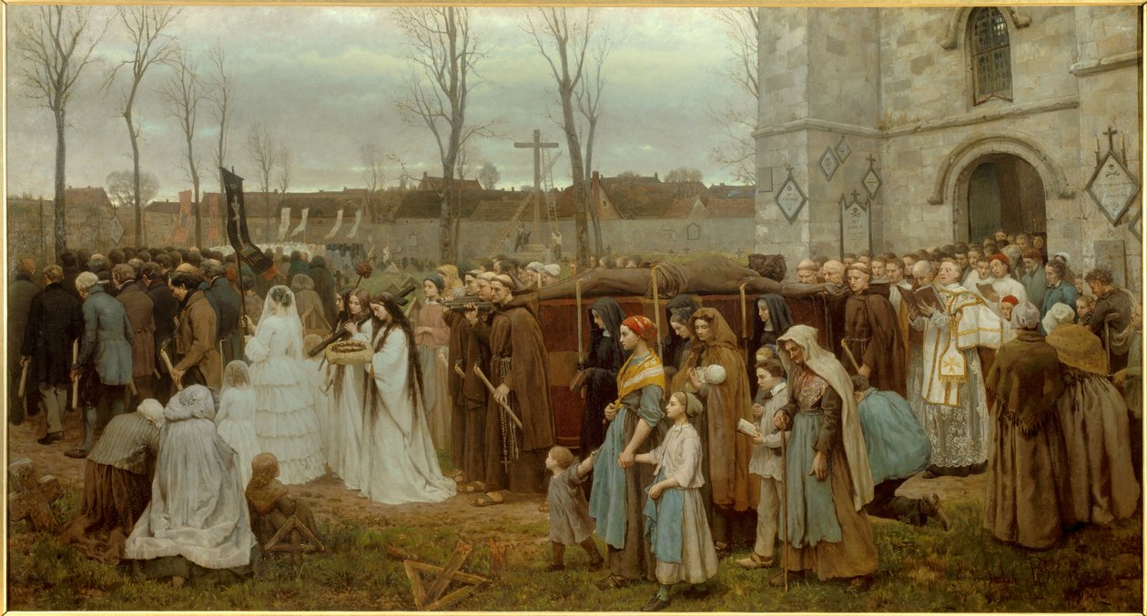 A plantação de uma procissão de calvário em frente a uma igreja bretã. Pintura de Jules Breton (1827-1906) 1858 Sol. 1,35x2,5 m Lille, musee des Beaux Arts - Erecting a Calvary. Procissão em frente a uma igreja bretã. Pintura de Jules Breton (1827-1906,) 1 de Jules Breton