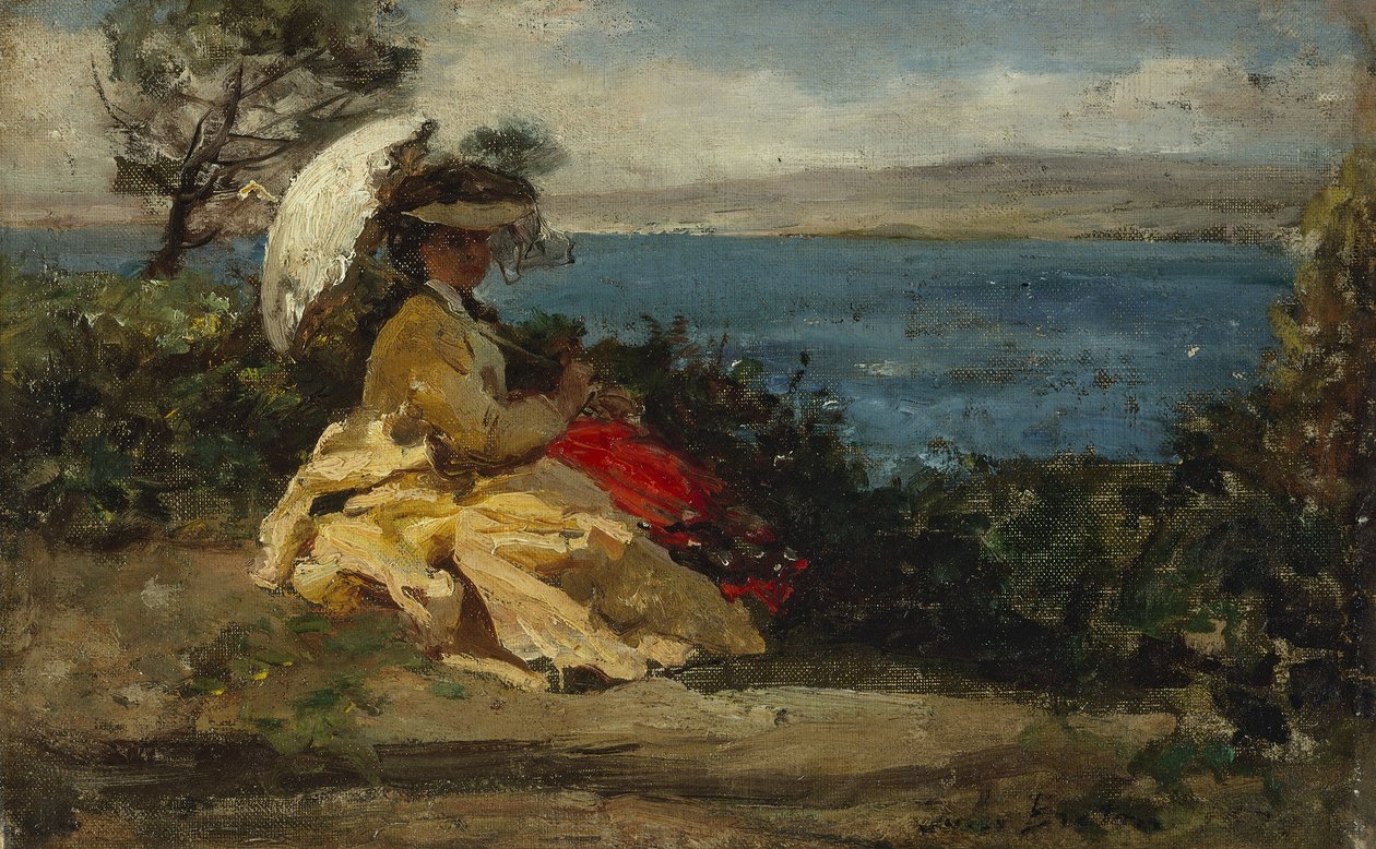 Mulher com guarda-sol, Baía de Douarnenez, entre 1870 e 1875 (óleo sobre tela) de Jules Breton