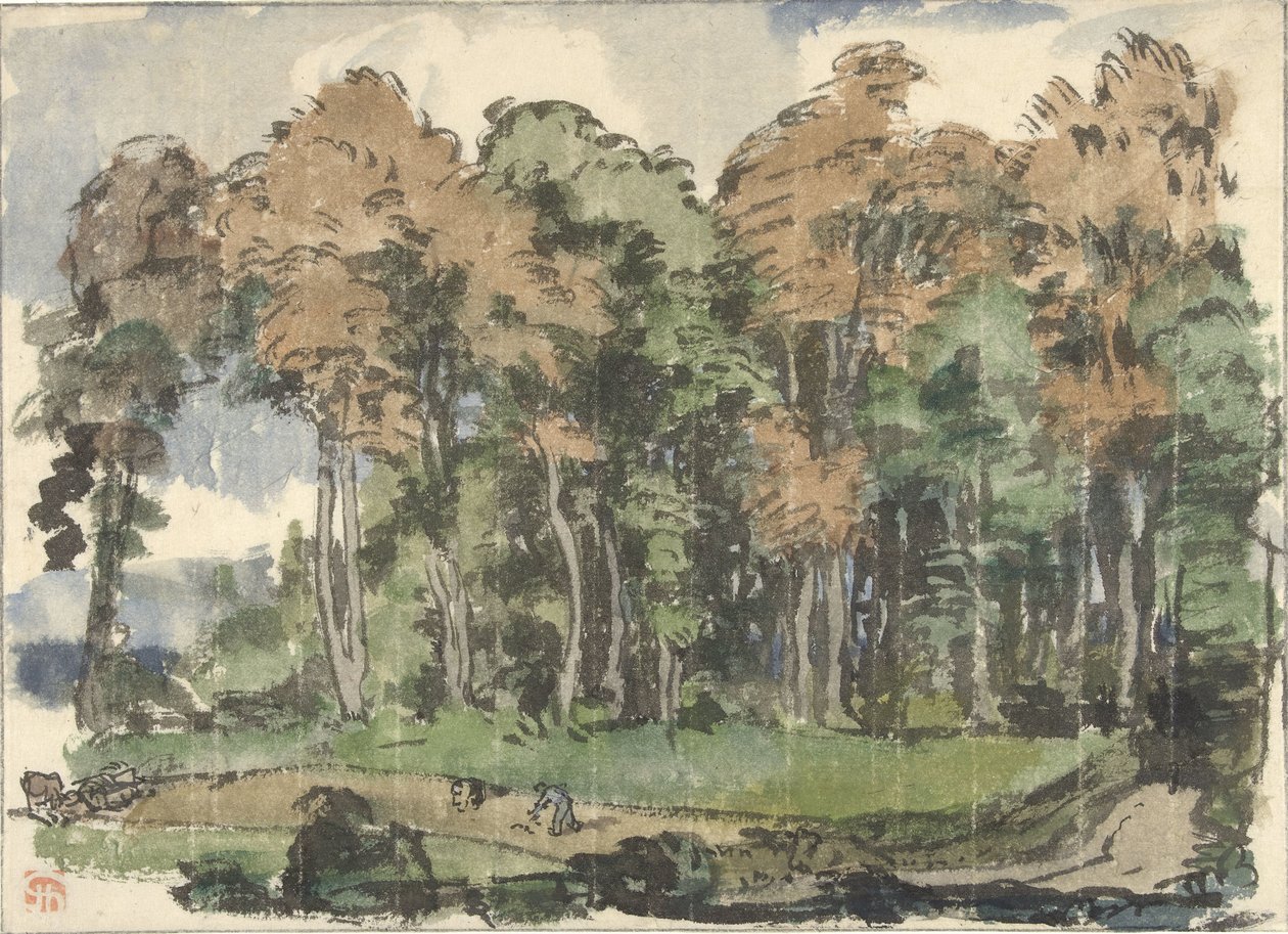 Estrada na orla da floresta, com os camponeses a trabalhar de Jules Chadel