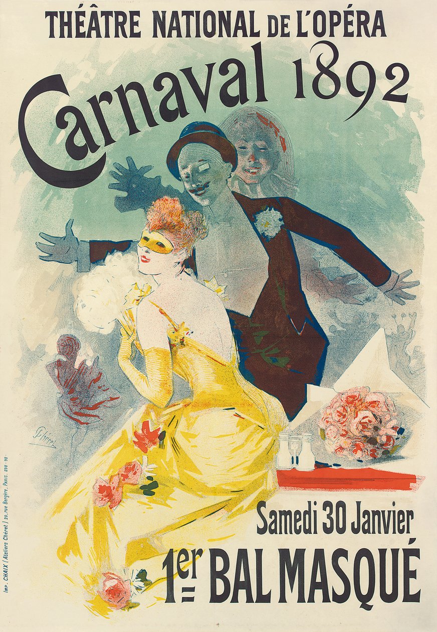 Anúncio do primeiro baile de máscaras do Carnaval no Teatro Nacional de l "Opera, em 1892, 1892 de Jules Cheret