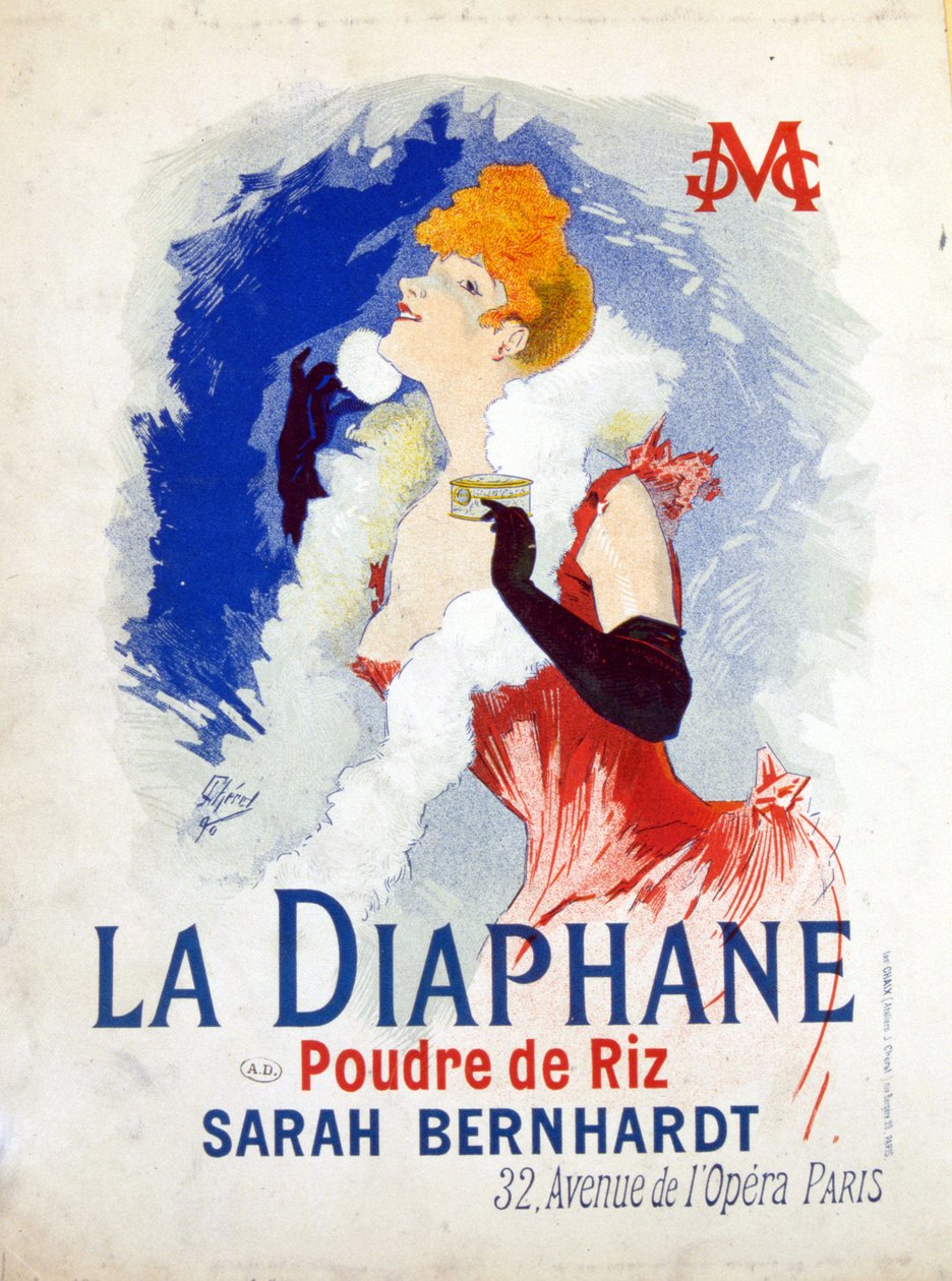 Publicidade de “” La Diaphane: Arroz em Pó ”” ”Henriette Rosine Bernard, também conhecida como Sarah Bernhardt de Jules Cheret