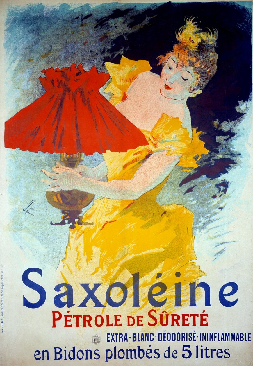 Cartaz publicitário para o produto "Saxoleine Petrole de surete": Uma mulher põe óleo numa lâmpada. Cartaz publicitário do produto "Saxoleine", óleo de lâmpada de segurança de Jules Cheret (1836-1932) de Jules Cheret
