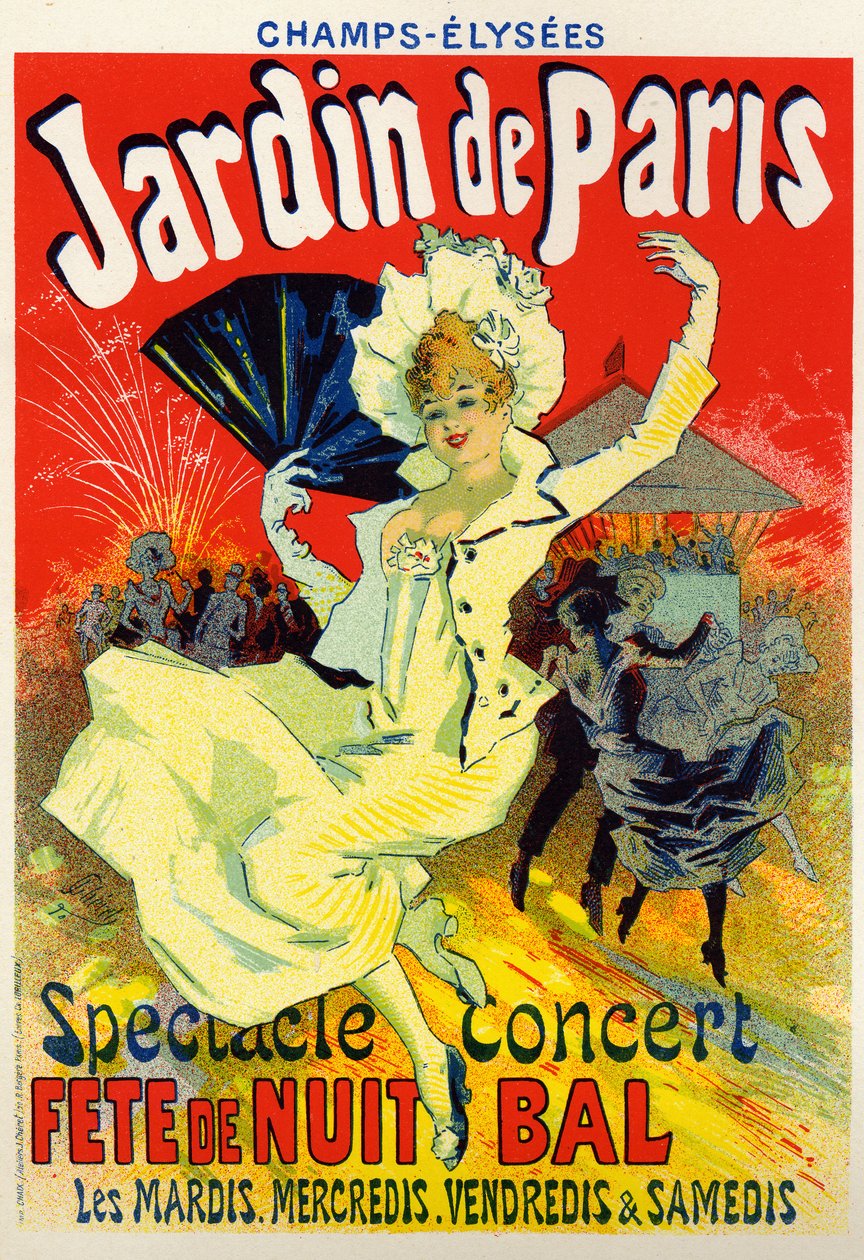 Arte, Entretenimento. Jardin de Paris, bal no Champs Elysees, Paris. Cartaz de Jules Cheret, França, c.1895 (cartaz) de Jules Cheret