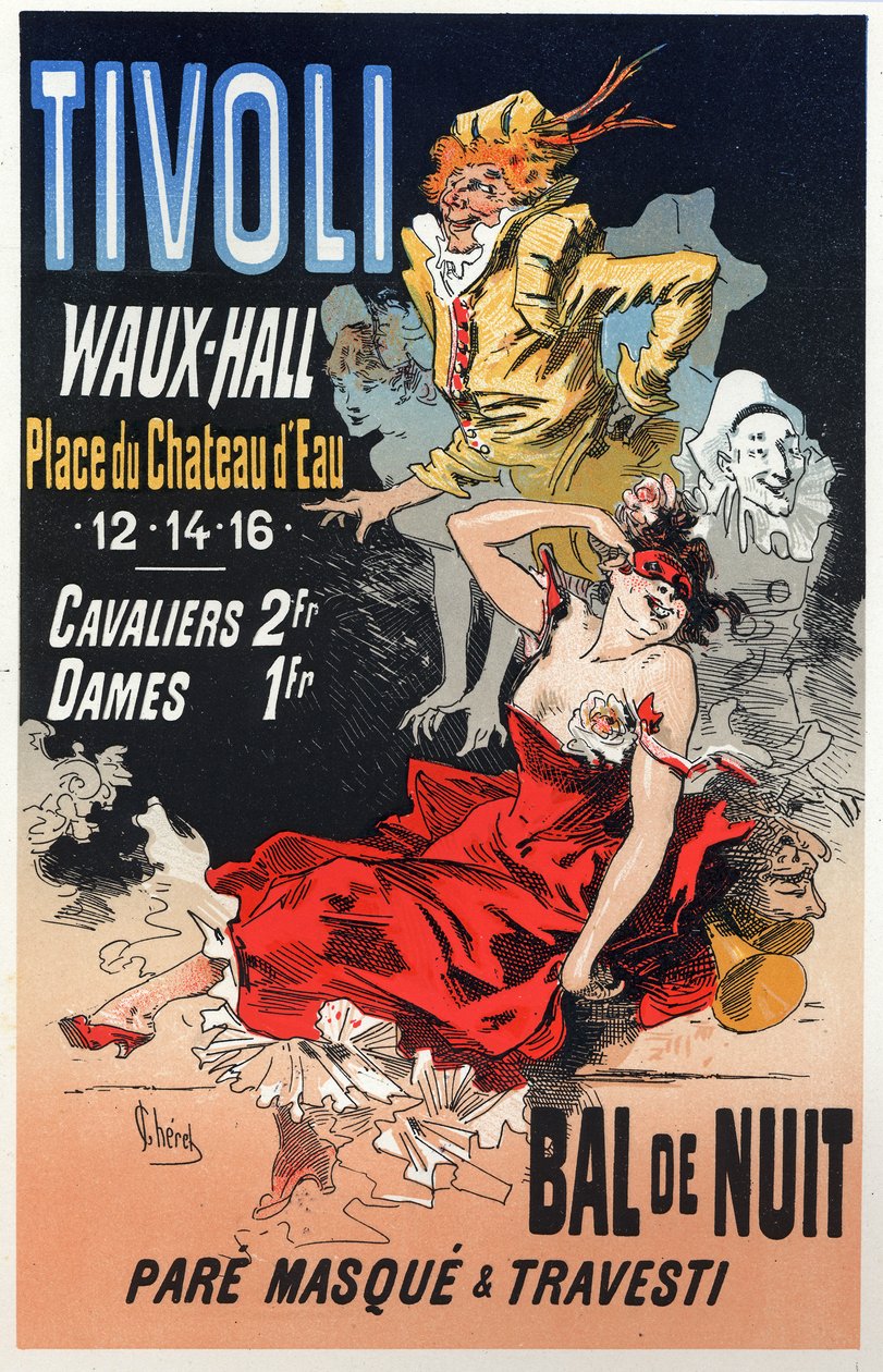 Arte. Entretenimento. Baile de máscaras no Tivoli Waux Hall, Paris. Cartaz de Jules Cheret, França, c.1870 (cartaz) de Jules Cheret