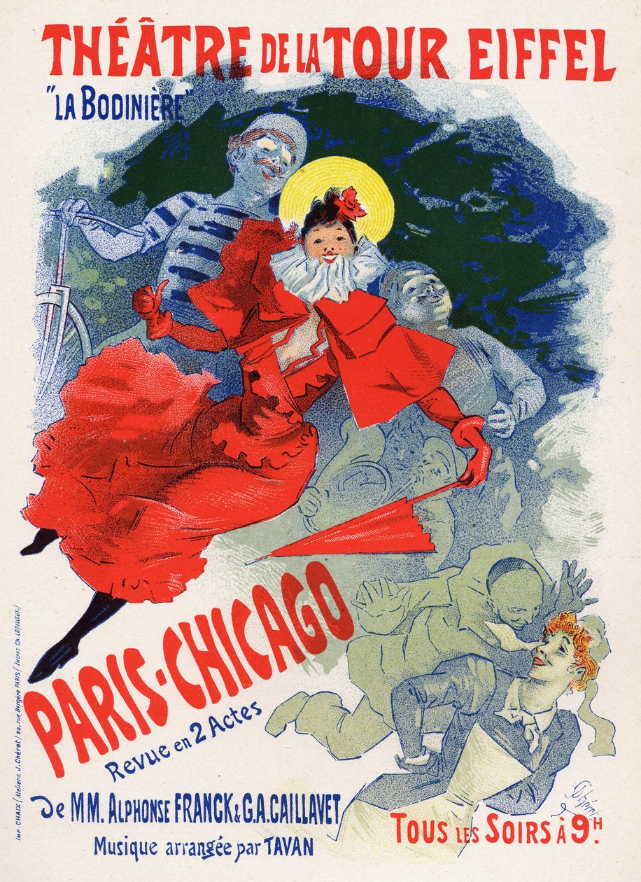 Arte. Entretenimento. Paris Chicago, espectáculo de variedades no Theatre de la Tour Eiffel. Cartaz de Jules Cheret, França, c.1890 (cartaz) de Jules Cheret