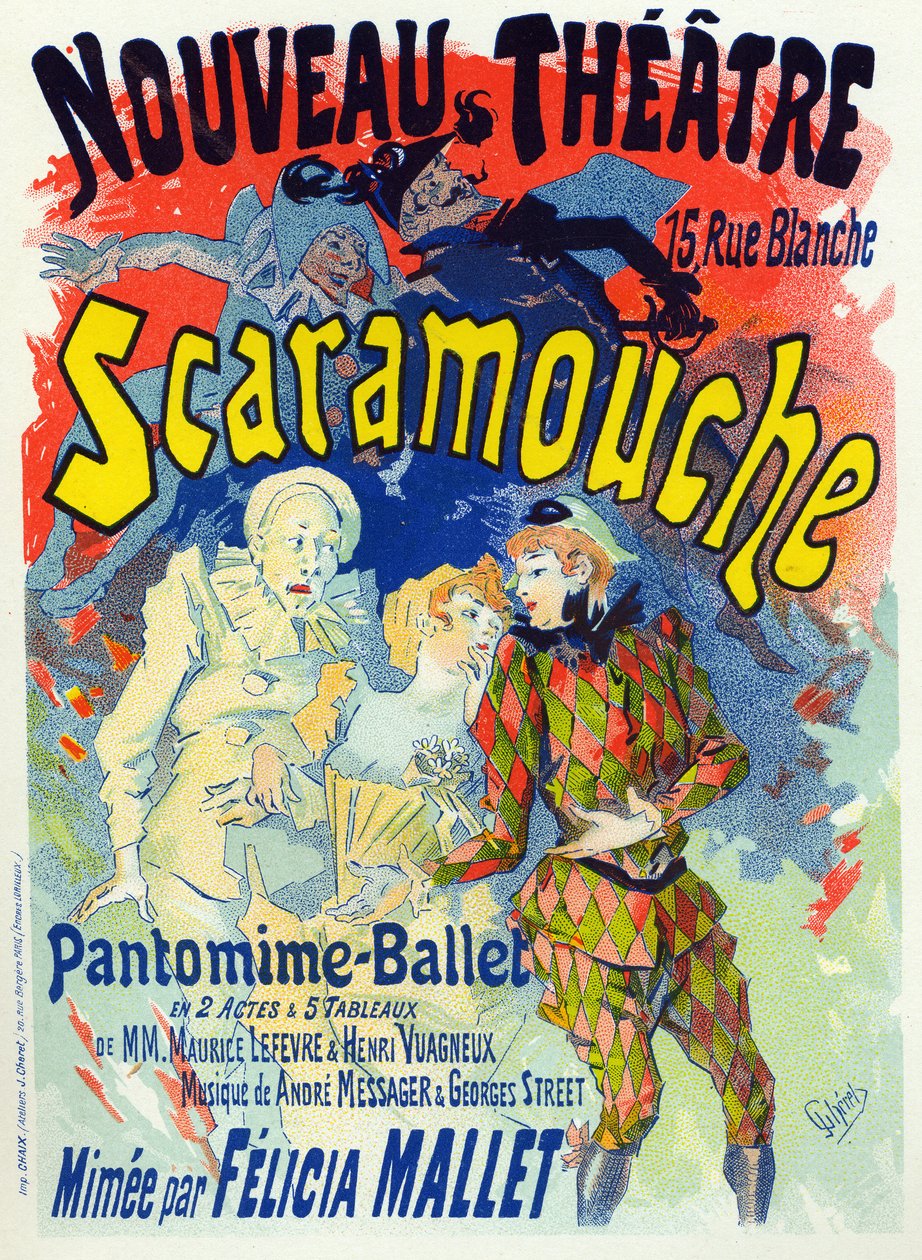 Arte. Entretenimento. Scaramouche, ballet de Felicia Mallet. Cartaz de Jules Cheret, França, c.1895 (cartaz) de Jules Cheret