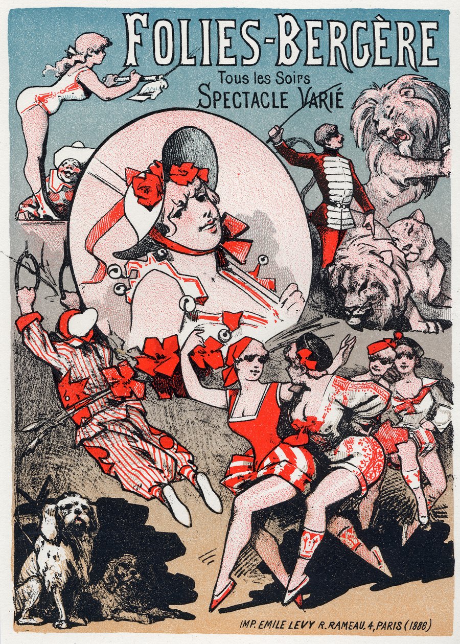 Arte. Entretenimento. Espectáculo no Folies Bergeres, Paris. Cartaz de Jules Cheret, França. de Jules Cheret