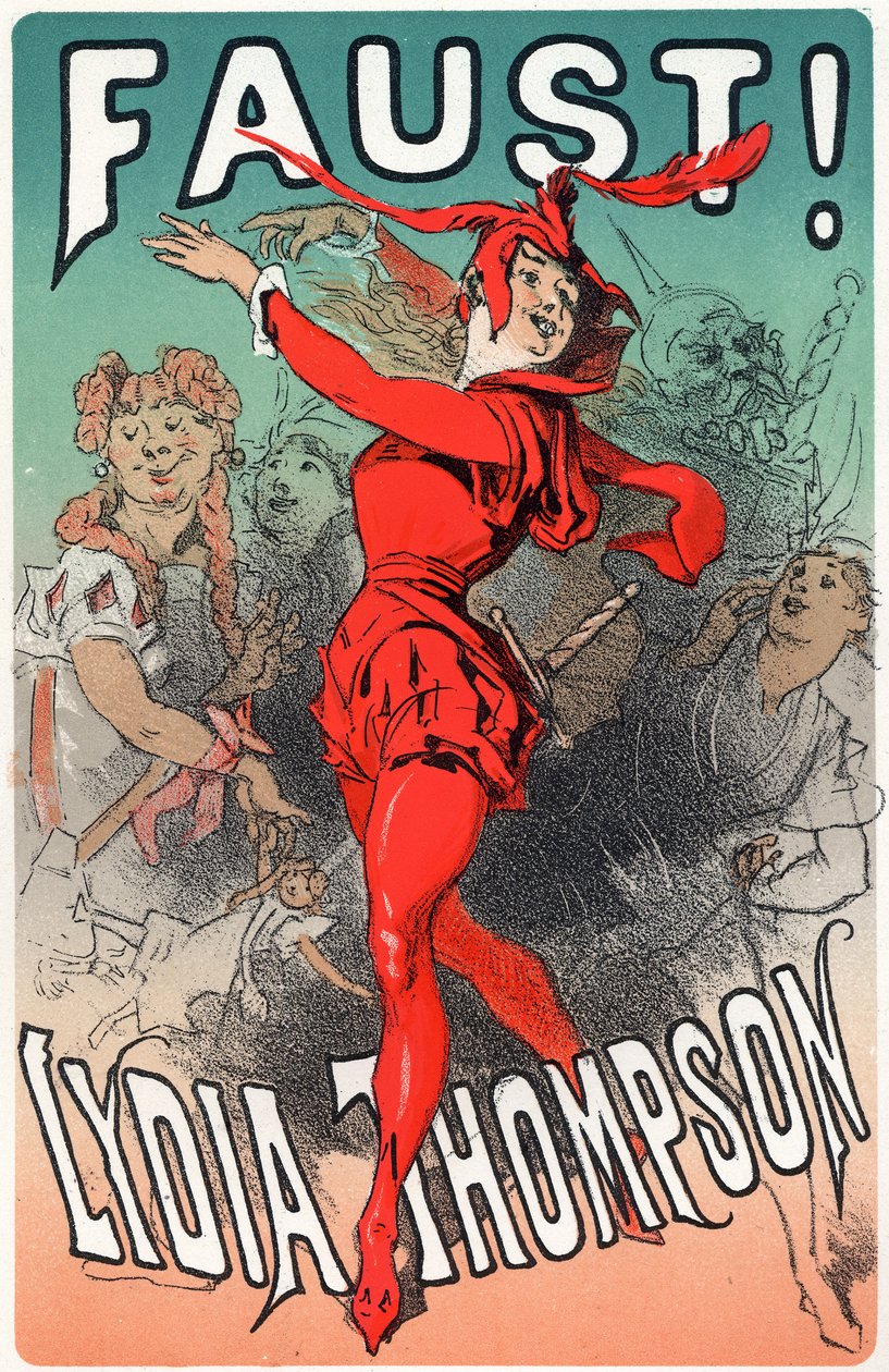 Arte. Entretenimento. A dançarina Lydia Thompson como Mephisto. Cartaz de Jules Cheret para a peça "Faust", Inglaterra, c.1860-70 (cartaz) de Jules Cheret