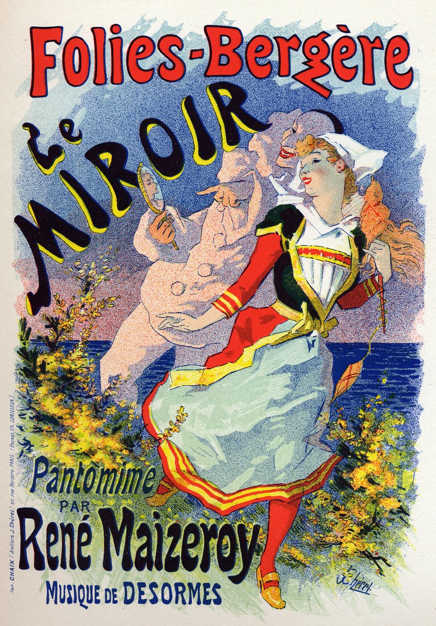Arte. Entretenimento. O espelho, show de mímica no cabaré Les Folies Bergeres, Paris. Cartaz de Jules Cheret, França, c.1890 (cartaz) de Jules Cheret