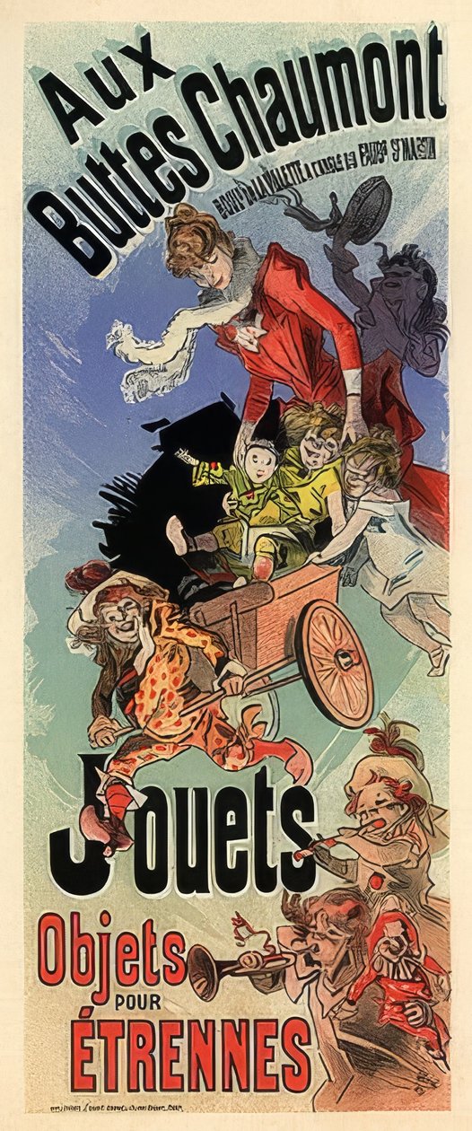 Aux Buttes Chaumont. Cartaz publicitário para uma loja de brinquedos. Por volta de 1900 de Jules Cheret