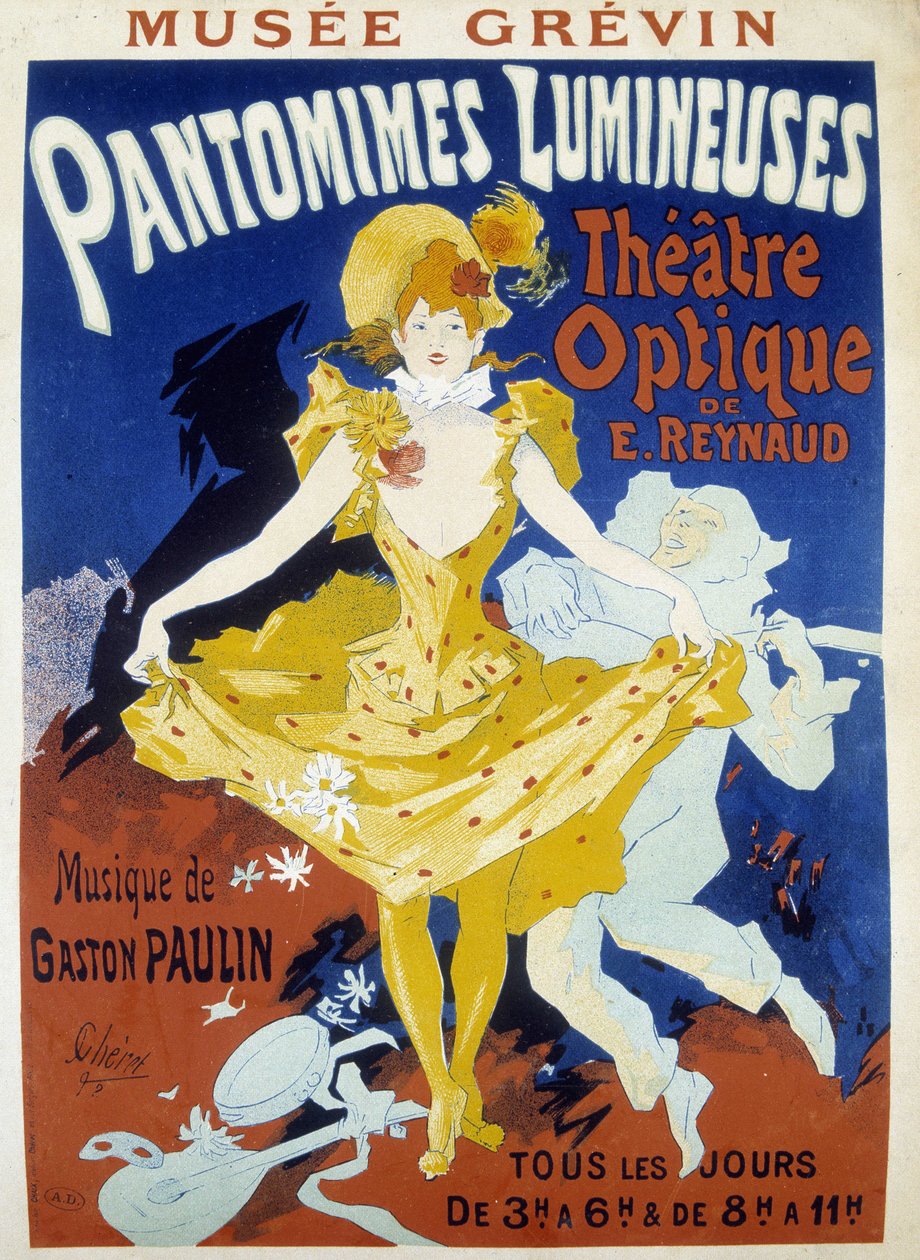 Bailarino e músico - poster para os pantomimas luminosos de Reynaud e Paulin no museu Grévin por Jules Cheret, final do século XIX de Jules Cheret