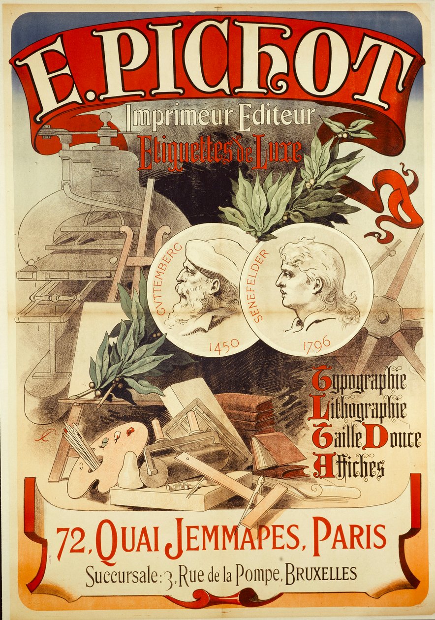 E.PICHOT/Drucker Herausgeber/ Luxus-Etiketten/ Typografie/ Lithografie/ Tiefdruck/ Plakate/ 72,QUAI JEMMAPES,PARIS de Jules Cheret