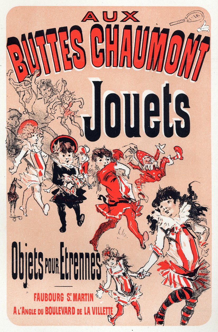 Economia. Aux Buttes Chaumont, loja de brinquedos em Paris. Cartaz de Jules Cheret, França, c.1880 (cartaz) de Jules Cheret
