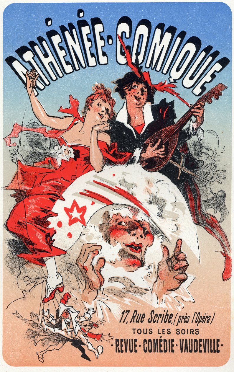 Entretenimento. The Athenee Comique, teatro em Paris. Cartaz de Jules Cheret, França, c.1870-80 (cartaz) de Jules Cheret