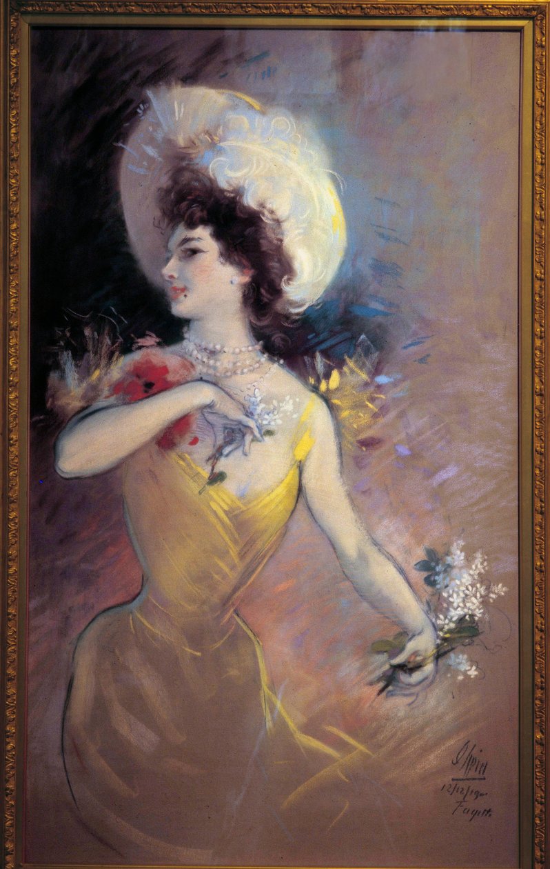 Fagette Jovem mulher com chapéu e buquê de flores. Pintura de Jules Cheret (1836-1932) 1900. Nice, Musee Cheret de Jules Cheret