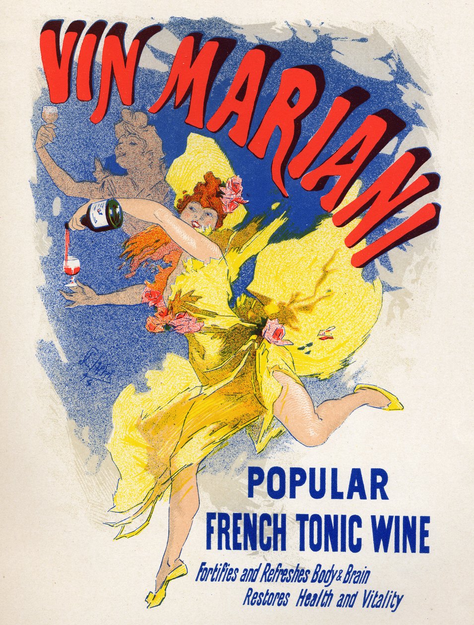 Alimentos e Bebidas. Mariani Vinho Tônico Francês (primeiro cocawine). Cartaz de Jules Cheret (1836-1932), França de Jules Cheret