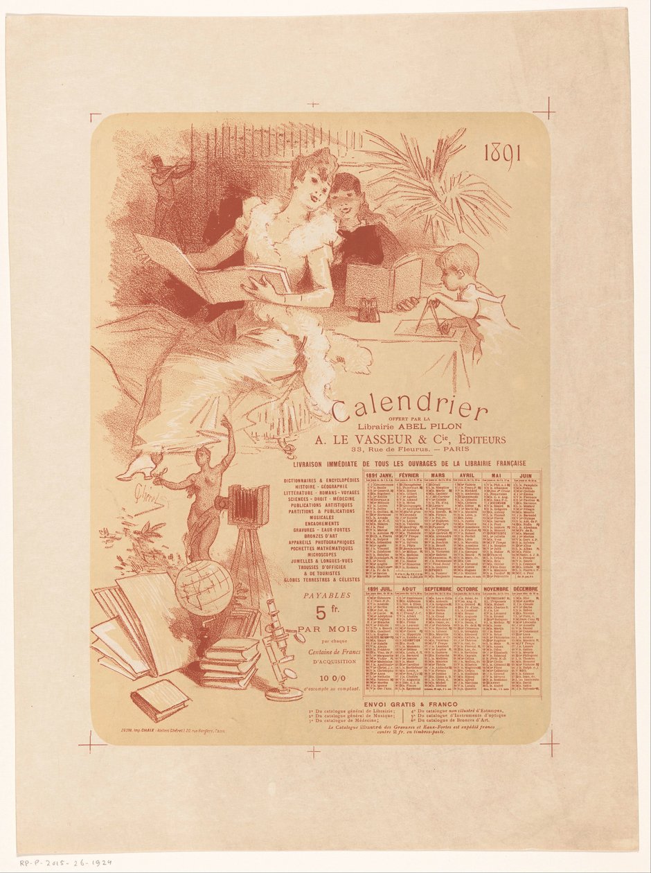 Calendário da livraria Abel Pilon e da editora A. Le Vasseur & Cie para o ano 1891 de Jules Cheret