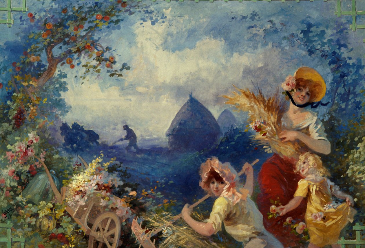 La Terre Allegorie representando jovens mulheres segurando botas de trigo contra um pano de fundo de colheita. Caixa para tapeçaria por Jules Cheret (1836-1932) Século XX Nice, Musee Cheret de Jules Cheret